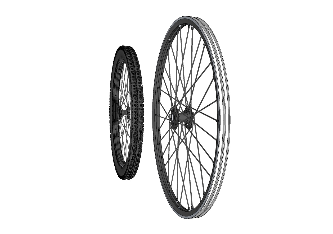 CAD rendering of Double Rim mountain dually — two 674c road rims side by side, spokes from one side of the hub crossing to the rim on the other side. Stock hub and spokes, custom rims.